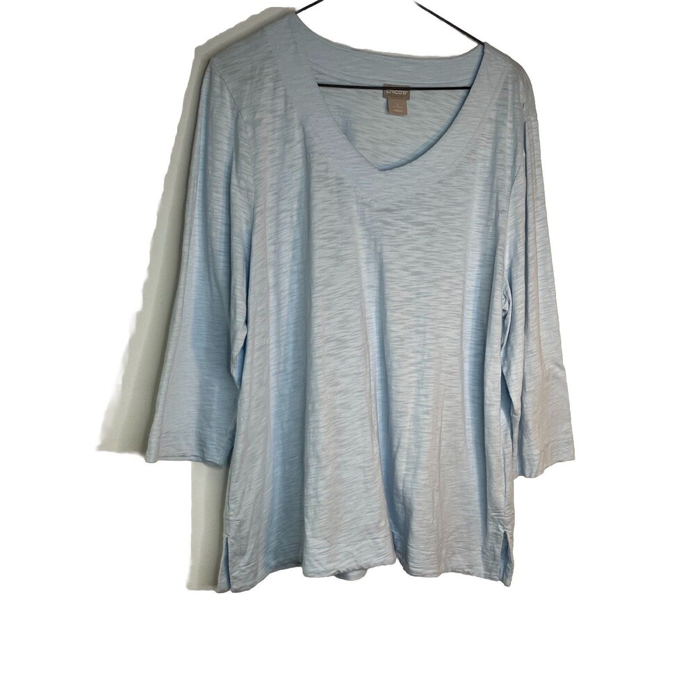 Chicos Soft Sky Blue Henley Light Knit 3/4 sleeve Blouse sz 3 / 16 XL (15
